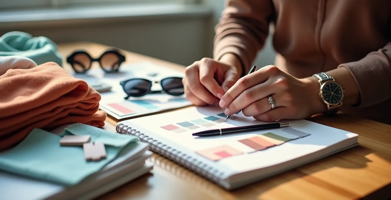 Hände sortieren Kleidungsstücke und Farbkarten auf einem aufgeräumten Tisch, daneben ein geschlossenes Notizbuch mit Stift