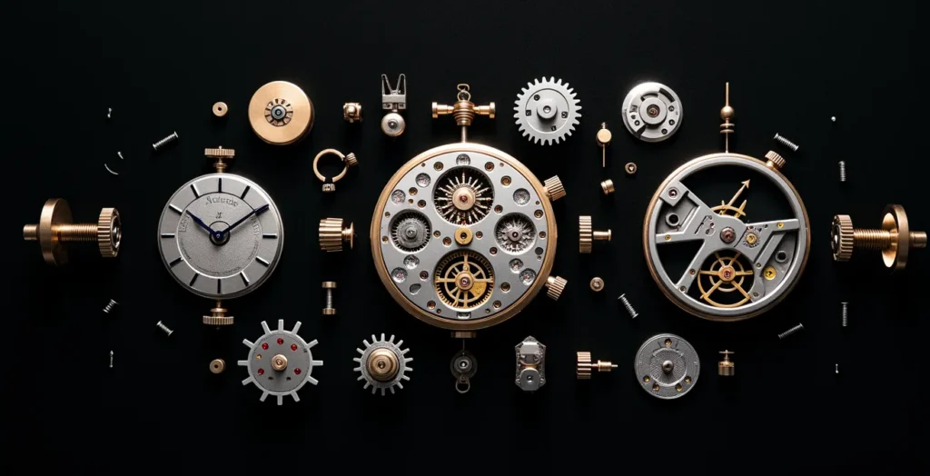 Detailaufnahme eines zerlegten Chronographenwerks mit sichtbaren Komponenten Detailaufnahme eines zerlegten Chronographenwerks mit sichtbaren Komponenten