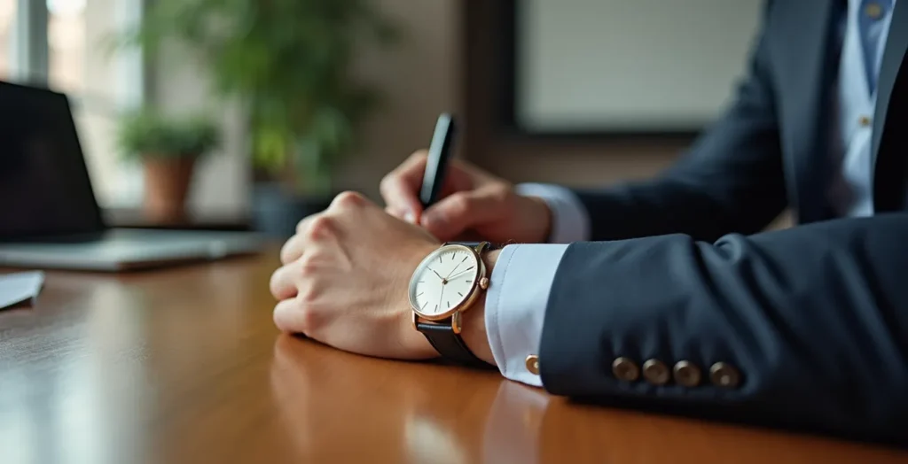 Geschäftsmann mit klassischer Armbanduhr in professionellem Umfeld Geschäftsmann mit klassischer Armbanduhr in professionellem Umfeld